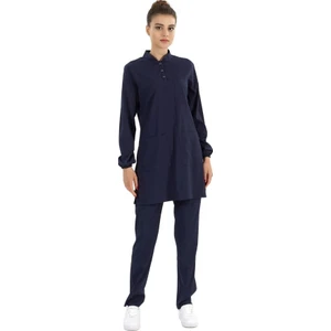 Çizgi Medikal Lacivert Lüks Likralı Doktor Hemşire Tesettürlü Hakim Yaka Takım