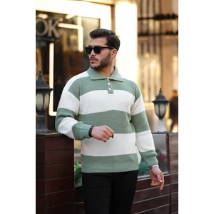 Düğmeli Polo Yaka Yarım Oversize Çizgili Triko Kazak - Yeşil