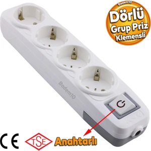 4'lü Grup Priz Anahtarlı Klemensli Fiş Priz Topraklı Çoklu Grup Priz Çoğaltıcı Dörtlü Kablosuz