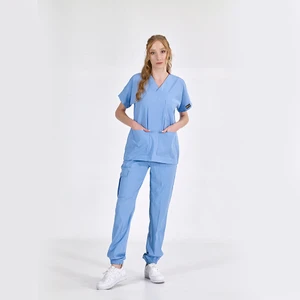 Çizgi Medikal Jogger Lüks Kaliteli Likralı Doktor Hemşire Forması Scrubs Açık Mavi