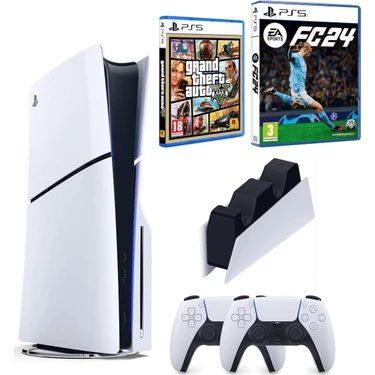 Sony Playstation 5 Slim + 2.Dualsense + Şarj İstasyonu + Fifa Fc 24 + Gta