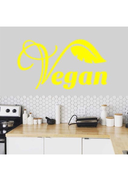 Vegan Yazılı Yaprak Silüet Dekoratif Duvar Sticker, Çıkartma, Etiket Sarı