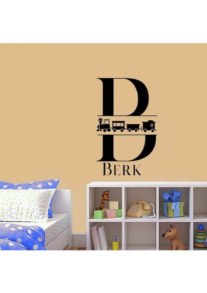Isme Özel Tren Silüeti Şeritli Dekoratif Çocuk Odası Duvar Sticker, Çıkartma, Etiket