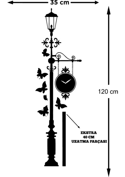 Park Lambası Kelebekler ve Duvar Saati Saat Duvar Sticker Yapıştırma (Su ve Nemden Etkilenmez)