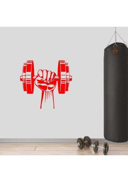Dumbell Tutan El, Fitness Dekoratif Duvar Sticker, Çıkartma, Etiket Kırmızı