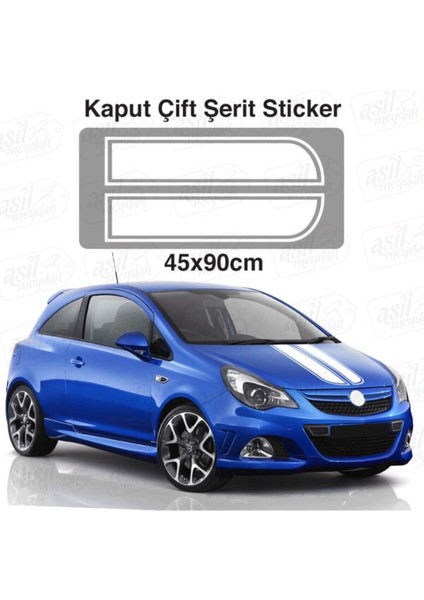Oto Kaput Sticker Çift Şerit Beyaz 45*90 cm