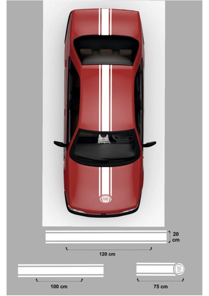 Fiat 3 İçin Uyumlu Aksesuar Kaput-Tavan-Bagaj Çift Şerit Oto Sticker Beyaz 20*120 CM-20*100 Cm-75*20 cm