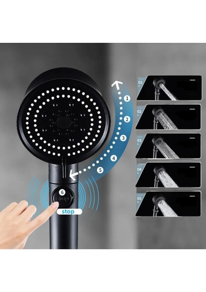 Siyah Turbo Pervaneli 5 Fonksiyonlu Duş Seti Turbo Başlık ve Siyah Mafsal Hortum