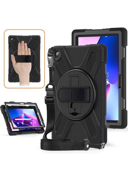 Lenovo Tab M10 Hd (2.nesil) 2022 Kapak Zırh Askılı + Elgeçmeli Defender Tablet Silikon Kılıf