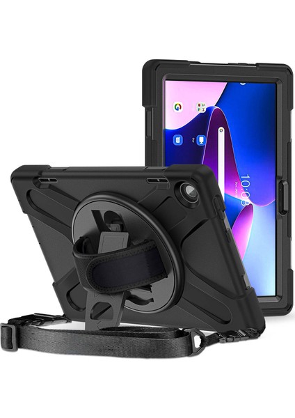 Lenovo Tab M10 Hd (2.nesil) 2022 Kapak Zırh Askılı + Elgeçmeli Defender Tablet Silikon Kılıf