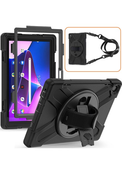 Lenovo Tab M10 Hd (2.nesil) 2022 Kapak Zırh Askılı + Elgeçmeli Defender Tablet Silikon Kılıf