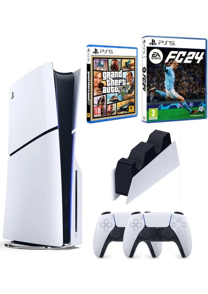 Playstation 5 Slim + 2.Dualsense + Şarj İstasyonu + Fifa Fc 24 + Gta 5