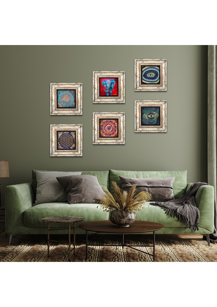 Mandala, Fil, Nazar, Yaşam Çiçeği Taş Duvar Tablosu Çerçeveli Duvar Dekoru 6 Parça Tablo Seti Wall Art T6-41