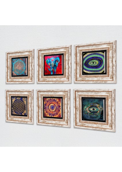 Mandala, Fil, Nazar, Yaşam Çiçeği Taş Duvar Tablosu Çerçeveli Duvar Dekoru 6 Parça Tablo Seti Wall Art T6-41