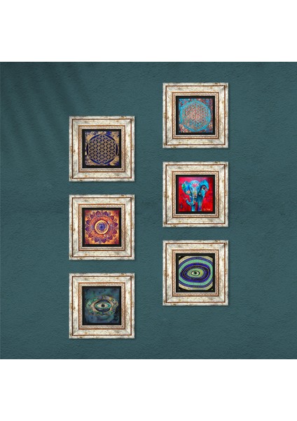 Mandala, Fil, Nazar, Yaşam Çiçeği Taş Duvar Tablosu Çerçeveli Duvar Dekoru 6 Parça Tablo Seti Wall Art T6-41