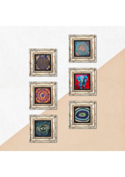 Mandala, Fil, Nazar, Yaşam Çiçeği Taş Duvar Tablosu Çerçeveli Duvar Dekoru 6 Parça Tablo Seti Wall Art T6-41