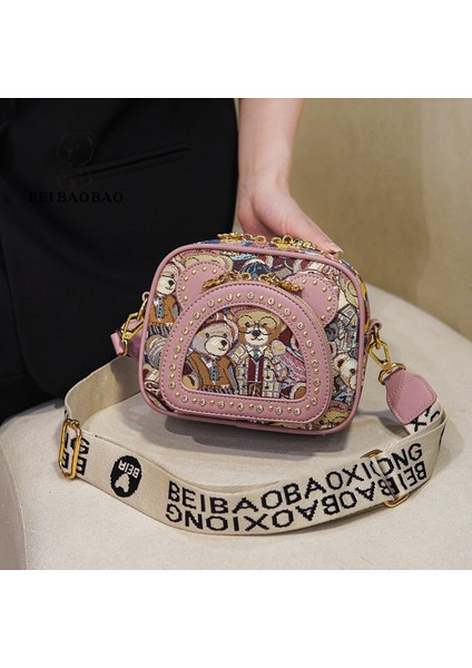 Kadınlar Için Şık Perçinli Kadın Omuz Çantası Crossbody Çanta Fileto Köşe Tasarımı Ayı Deseni Pırlantalı Kızın Haberci Çantası (Yurt Dışından)