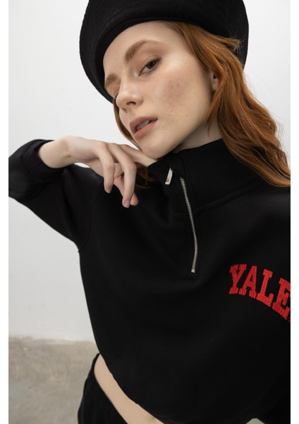 Şardonlu Yale Nakış Baskılı Crop Sweatshirt