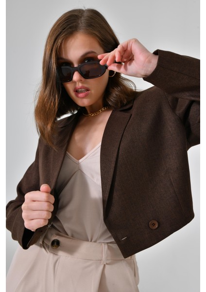 Kahve Kruvaze Crop Blazer Ceket modelleri