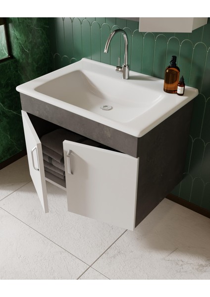 Karen Banyo Gümüş 65 cm Lavabolu Banyo Dolabı Retro Gümüş-Beyaz Lavabo Dahil