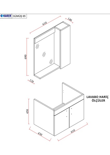 Karen Banyo Gümüş 65 cm Lavabolu Banyo Dolabı Retro Gümüş-Beyaz Lavabo Dahil