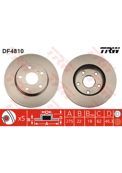 DF4810 Ön Fren Diski Corolla Aurıs 1.4 Vvtı 1.6 1.6 07 275X22X5DLXHAV