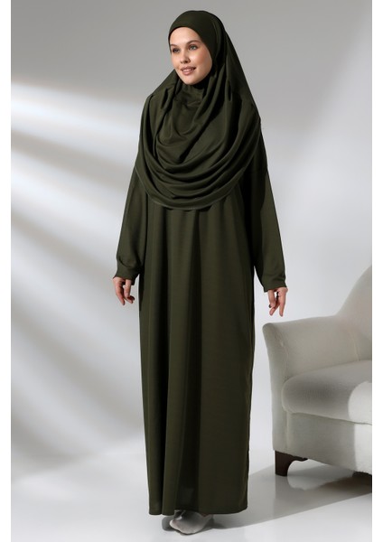 Haki Kadın Çantalı Pratik Başörtülü Tek Parça Namaz Elbisesi modelleri