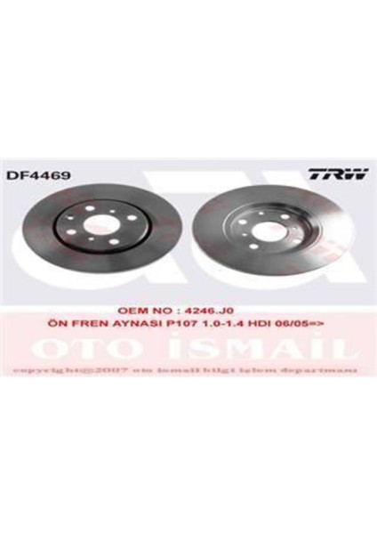 DF4469 Fren Dıskı Ön 107 05- 108 14- / C1 05- / Aygo Havalı 250MM Uyumlu