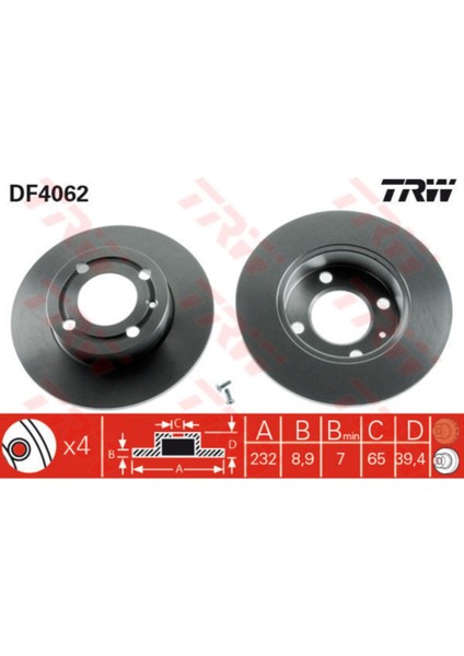 DF4062 Arka Fren Diski Cordoba 96/10.02 Ibıza Iıı 96/2.02 Arosa 00/6.0