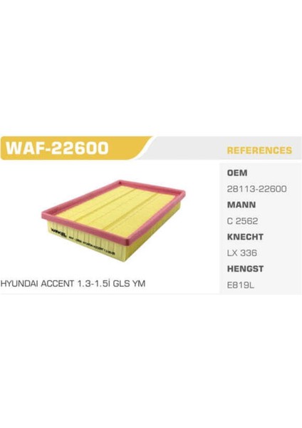 WAF-22600 WAF-22600 Hava Filtresi Accent Mılenyum Admire 00-06 1.3 1.5 1.6