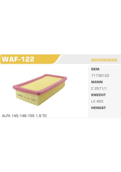 WAF-122 WAF-122 Hava Filtresi Tempra Tipo / 155 159 1.6 2.0 Karbüratörlü Uyumlu