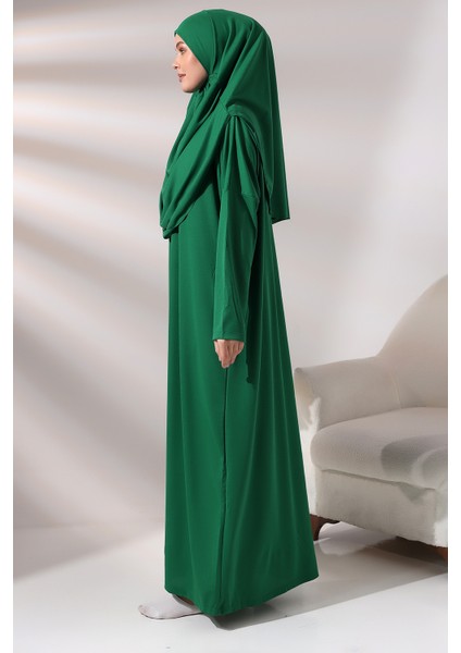 Zümrüt Yeşili Kadın Çantalı Pratik Başörtülü Tek Parça Namaz Elbisesi fırsatları