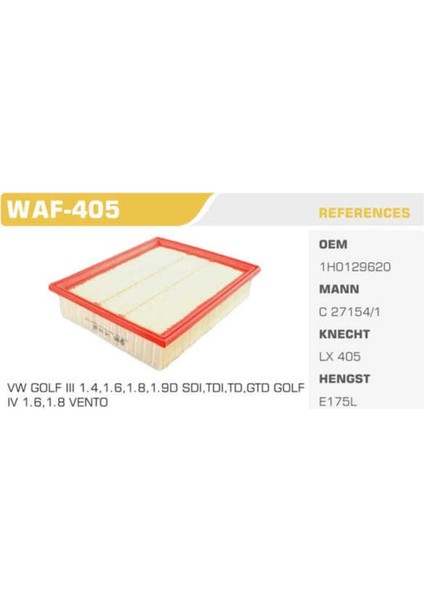 WAF-405 WAF-405 Hava Filtresi Golf Iıı Iv 98-02 91-97 1.4 1.6 1.9tdı 1.9d 2.0 1.8