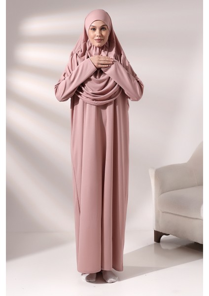 Gül Kurusu Kadın Çantalı Pratik Başörtülü Tek Parça Namaz Elbisesi modelleri