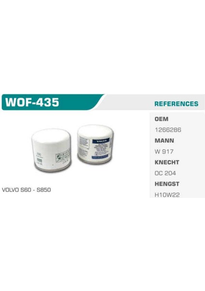 WOF-435 WOF-435 Yağ Filtresi M124 Murat 131 Edks Murat 131 Doğan 1.6ıe / Favorıt / S40 S70 V40 V70