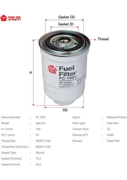 FC1001 FC1001 Mazot Filtresi L-300 L-200 05- H 100 Mın