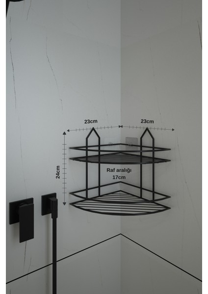 Alper Banyo Paslanmaz Siyah 2 Katlı Banyo Köşe Şampuanlık Duş Rafı EK02 Delmeye Son Matkap Vida Yok