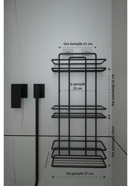 Alper Banyo Ömür Boyu Paslanmaz Yapışkanlı Siyah 3 Katlı Düz Banyo Köşeliği, Şampuanlık Tş03, Delmeye Son