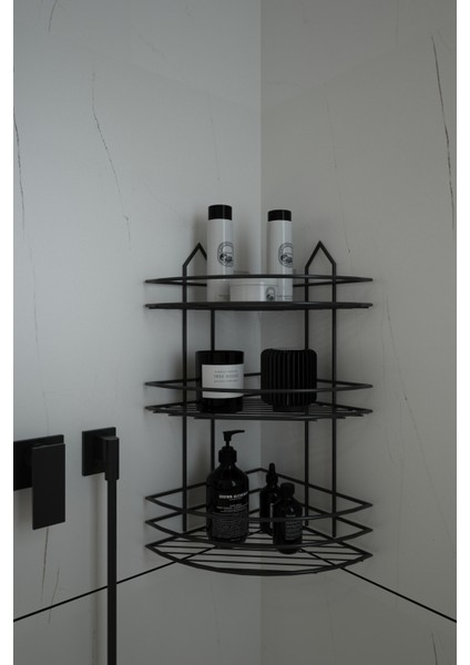 Ömür Boyu Paslanmaz Yapışkanlı Siyah 3 Katlı Banyo Köşeliği, Şampuanlık EK03.S, Delmeye Son