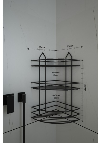 Ömür Boyu Paslanmaz Yapışkanlı Siyah 3 Katlı Banyo Köşeliği, Şampuanlık EK03.S, Delmeye Son modelleri
