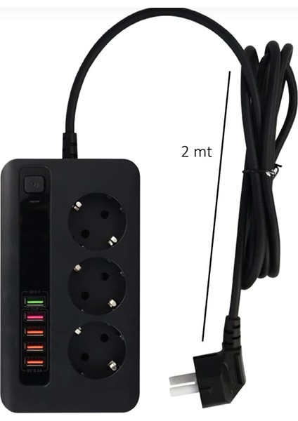 Üçlü Priz 5 USB Portlu 2500W On/off Düğmeli 2 Metre Uzatma Kablolu 3'lü Priz Siyah Renk