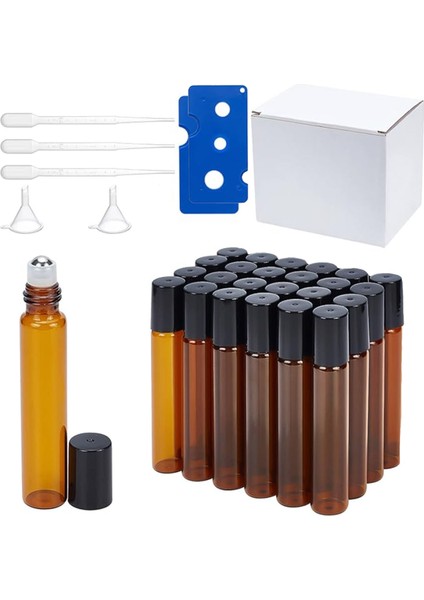 Kahverengi Alt Şişeleme Kutulu Uçucu 24 Adet 10 Ml'lik Siyah Kapaklı Cam Esansiyel Yağ Silindirli Şişe VE3ADET Pipet, 2 Adet Huni, 2ADET Şişe Açacağı (Yurt Dışından)