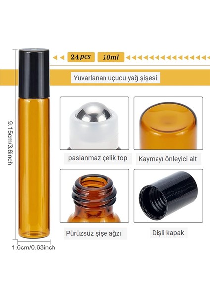 Kahverengi Alt Şişeleme Kutulu Uçucu 24 Adet 10 Ml'lik Siyah Kapaklı Cam Esansiyel Yağ Silindirli Şişe VE3ADET Pipet, 2 Adet Huni, 2ADET Şişe Açacağı (Yurt Dışından)