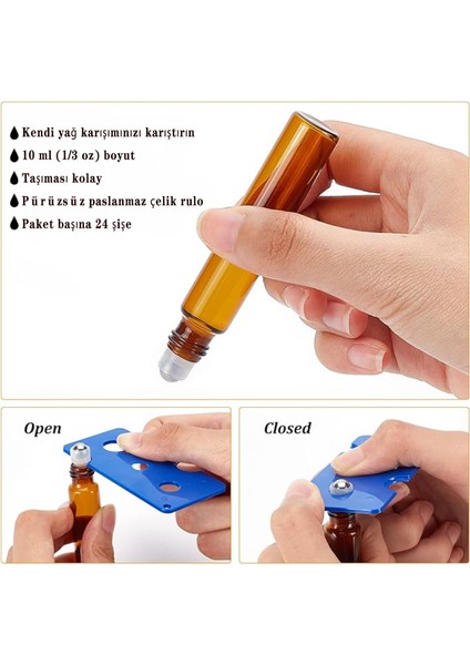 Kahverengi Alt Şişeleme Kutulu Uçucu 24 Adet 10 Ml'lik Siyah Kapaklı Cam Esansiyel Yağ Silindirli Şişe VE3ADET Pipet, 2 Adet Huni, 2ADET Şişe Açacağı (Yurt Dışından)