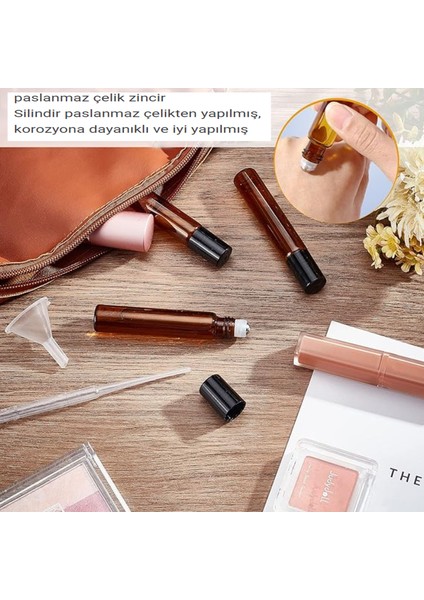 Kahverengi Alt Şişeleme Kutulu Uçucu 24 Adet 10 Ml'lik Siyah Kapaklı Cam Esansiyel Yağ Silindirli Şişe VE3ADET Pipet, 2 Adet Huni, 2ADET Şişe Açacağı (Yurt Dışından)