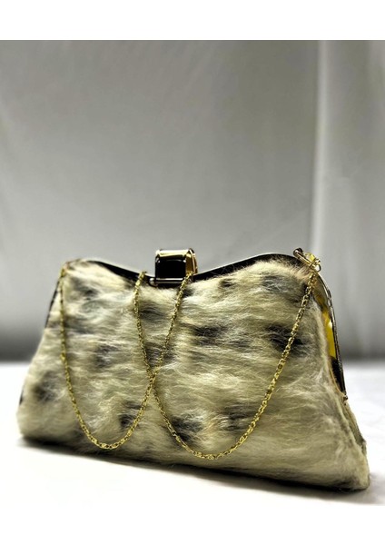 Kadın Bej Suni Kürk Zincirli El ve Omuz Clutch Portföy Çanta