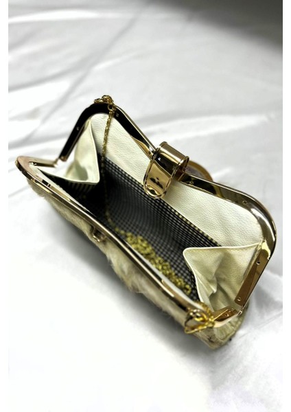 Kadın Bej Suni Kürk Zincirli El ve Omuz Clutch Portföy Çanta modelleri