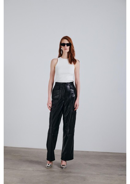Rosa Deri Kargo Pantolon Siyah