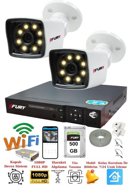 2 Kameralı 5mp Lens 1080P 2mp Color Görüntü 8 Warm LED Gece Görüş Fullhd Güvenlik Kamera 5525W 500GB