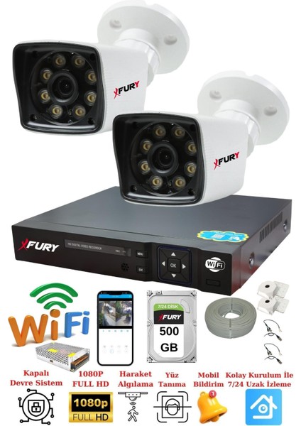 2 Kameralı 5mp Lens 1080P 2mp Color Görüntü 8 Warm LED Gece Görüş Fullhd Güvenlik Kamera 5525W 500GB